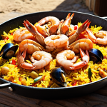 **

A paella pan filled with vibrant seafood paella, showcasing gambas, mejillones, and calamares. Golden saffron rice with a visible socarrat (crispy bottom layer). A rustic wooden table setting, outdoor Mediterranean sunlight.

**