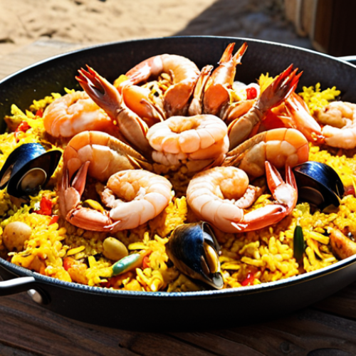 Home 11 **
A paella pan filled with vibrant seafood paella, showcasing gambas, mejillones, and calamares. Golden saffron rice with a visible socarrat (crispy bottom layer). A rustic wooden table setting, outdoor Mediterranean sunlight.
**