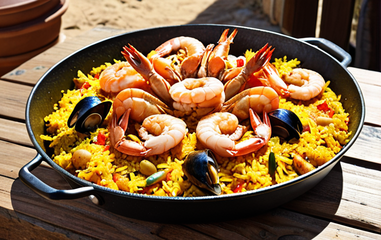 **

A paella pan filled with vibrant seafood paella, showcasing gambas, mejillones, and calamares. Golden saffron rice with a visible socarrat (crispy bottom layer). A rustic wooden table setting, outdoor Mediterranean sunlight.

**