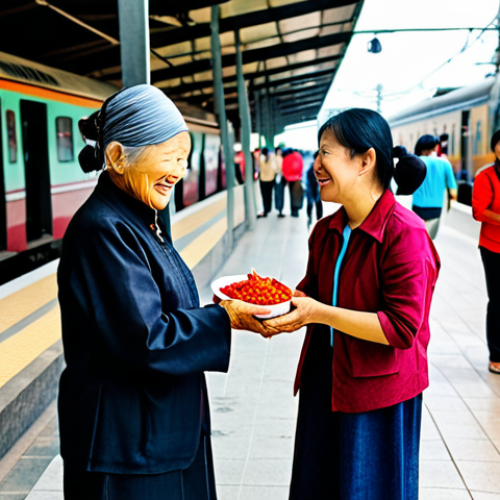 Home 6 A female traveler, fully clothed in modest and comfortable travel attire, shares a warm smile with a cheerful elderly Vietnamese woman who is offering a small, homemade bottle of chili sauce. They are positioned on a vibrant, bustling train station platform in Vietnam, surrounded by local vendors selling fresh fruits and street food. The atmosphere is lively and authentic, capturing genuine cultural interaction. Professional travel photography, soft natural lighting, high resolution, perfect anatomy, correct proportions, well-formed hands, natural pose, safe for work, appropriate content, fully clothed, modest, family-friendly.