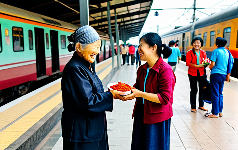A female traveler, fully clothed in modest and comfortable travel attire, shares a warm smile with a cheerful elderly Vietnamese woman who is offering a small, homemade bottle of chili sauce. They are positioned on a vibrant, bustling train station platform in Vietnam, surrounded by local vendors selling fresh fruits and street food. The atmosphere is lively and authentic, capturing genuine cultural interaction. Professional travel photography, soft natural lighting, high resolution, perfect anatomy, correct proportions, well-formed hands, natural pose, safe for work, appropriate content, fully clothed, modest, family-friendly.