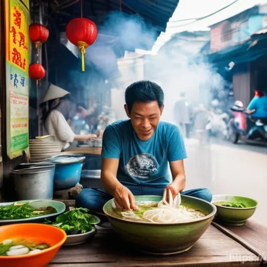 베트남 현지 맛집 추천 - **Prompt:** A vivid, cinematic photograph capturing a person in their late 20s, casually dressed in ...