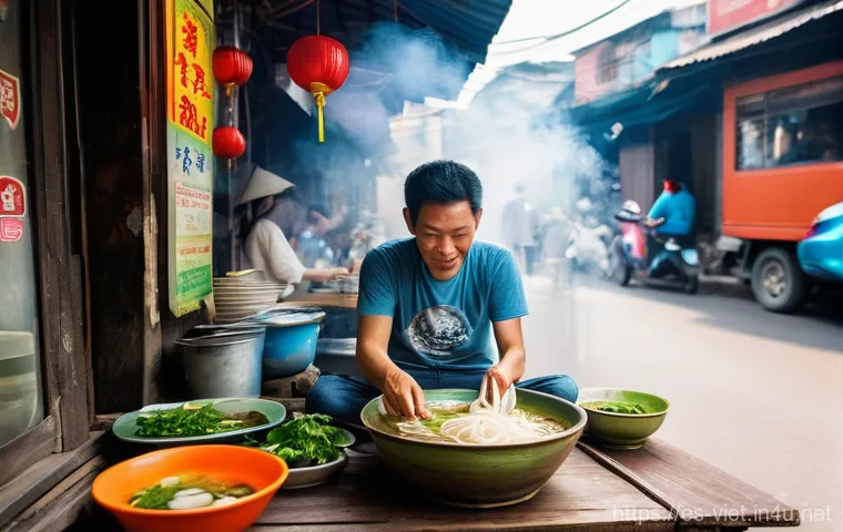 베트남 현지 맛집 추천 - **Prompt:** A vivid, cinematic photograph capturing a person in their late 20s, casually dressed in ...