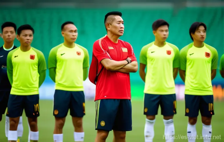 베트남 축구 대표팀 현황 - A dynamic and hopeful image illustrating the Vietnamese national football team during an intense tra...