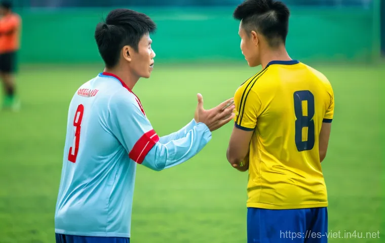 베트남 축구 대표팀 현황 - A dynamic and hopeful image illustrating the Vietnamese national football team during an intense tra...