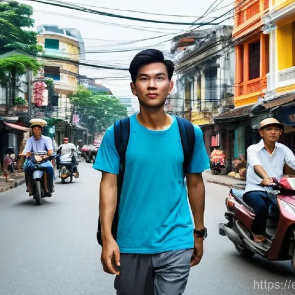 베트남 여행 안전 팁 - **A confident traveler crossing a bustling street in Hanoi, Vietnam.** The image captures a young ad...