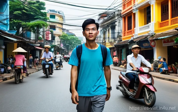 베트남 여행 안전 팁 - **A confident traveler crossing a bustling street in Hanoi, Vietnam.** The image captures a young ad...
