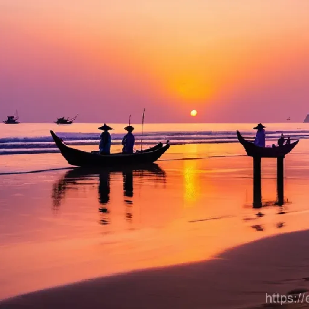 베트남 다낭 미케 해변 - **A vibrant and serene sunrise over My Khe Beach in Da Nang, Vietnam.** The sky is painted with brea...