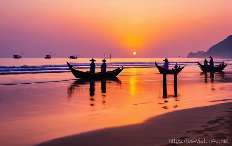 베트남 다낭 미케 해변 - **A vibrant and serene sunrise over My Khe Beach in Da Nang, Vietnam.** The sky is painted with brea...