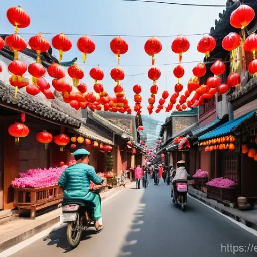 베트남 설날 테트 축제 - A bustling Vietnamese street scene during the days leading up to Tet, filled with vibrant colors and...