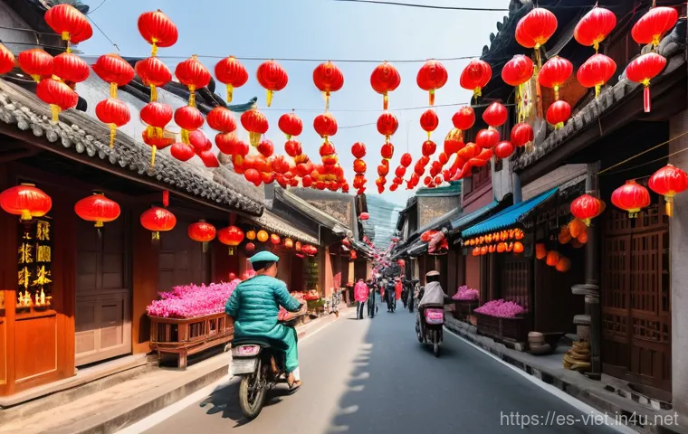 베트남 설날 테트 축제 - A bustling Vietnamese street scene during the days leading up to Tet, filled with vibrant colors and...