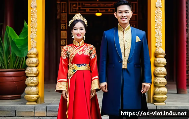 베트남 전통 결혼 문화 - **Prompt 1: The Resplendent Bride and Groom in Traditional Attire**
    "A stunning Vietnamese bride...