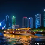 베트남 호치민 사이공 강 크루즈 - A vibrant nighttime river cruise scene on the Saigon River in Ho Chi Minh City, showing a modern boa...