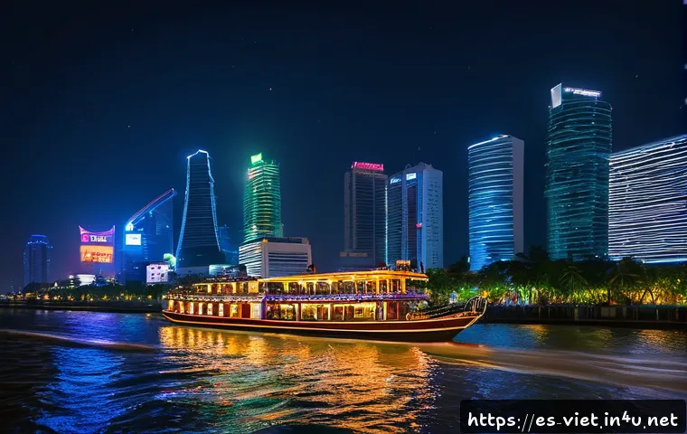 베트남 호치민 사이공 강 크루즈 - A vibrant nighttime river cruise scene on the Saigon River in Ho Chi Minh City, showing a modern boa...