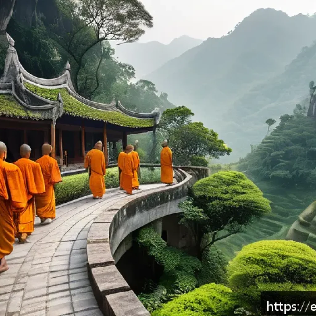 베트남 불교 사원 탐방 - A serene Vietnamese Buddhist temple nestled in lush mountains near Hanoi during early morning light,...