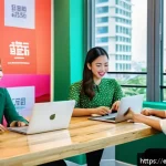 베트남 여성 경제 참여율 - A vibrant scene of Vietnamese women entrepreneurs in a modern coworking space, featuring diverse wom...