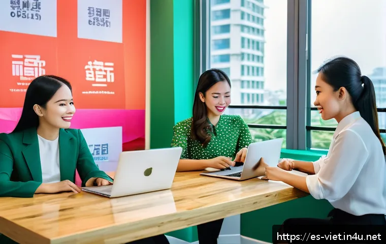 베트남 여성 경제 참여율 - A vibrant scene of Vietnamese women entrepreneurs in a modern coworking space, featuring diverse wom...