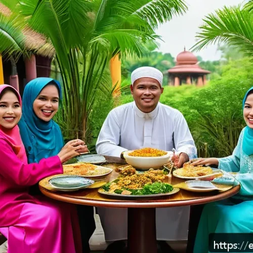 베트남 이슬람 소수 민족 - A vibrant scene depicting a Vietnamese Muslim family celebrating Eid al-Fitr in the Mekong Delta reg...