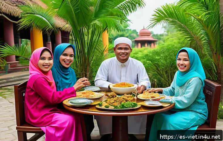 베트남 이슬람 소수 민족 - A vibrant scene depicting a Vietnamese Muslim family celebrating Eid al-Fitr in the Mekong Delta reg...