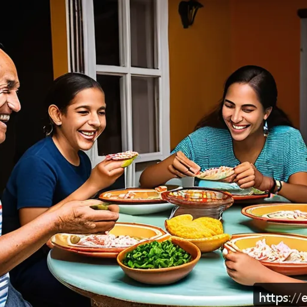 베트남 관광객을 위한 에티켓 - A warm and lively gathering scene in a Latin American home during a meal, featuring a diverse group ...