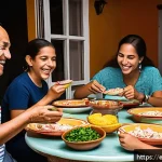 베트남 관광객을 위한 에티켓 - A warm and lively gathering scene in a Latin American home during a meal, featuring a diverse group ...