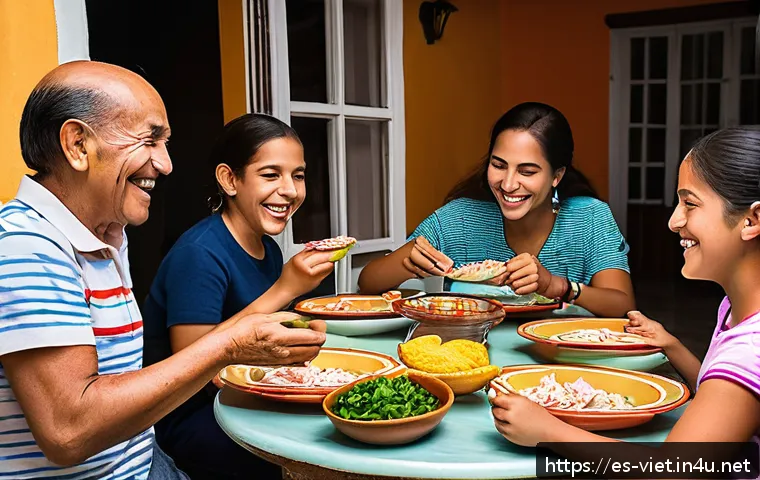 베트남 관광객을 위한 에티켓 - A warm and lively gathering scene in a Latin American home during a meal, featuring a diverse group ...