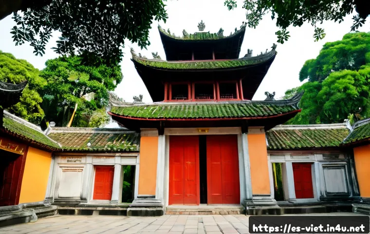 베트남 하노이 문묘 - Photorealistic wide-angle view of the Temple of Literature in Hanoi, Vietnam, tranquil stone courtya...